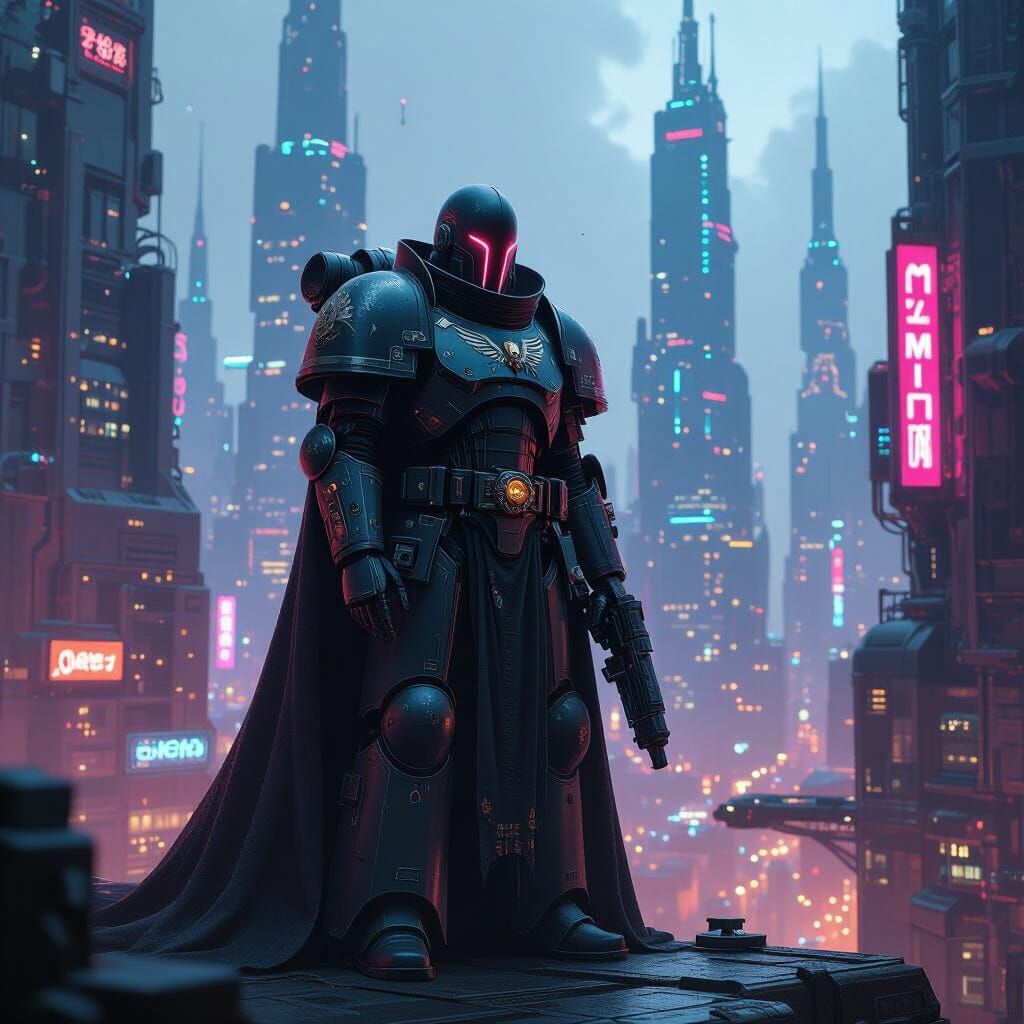 Technocratic Messiah in Dystopian Cyberpunk Cityscape