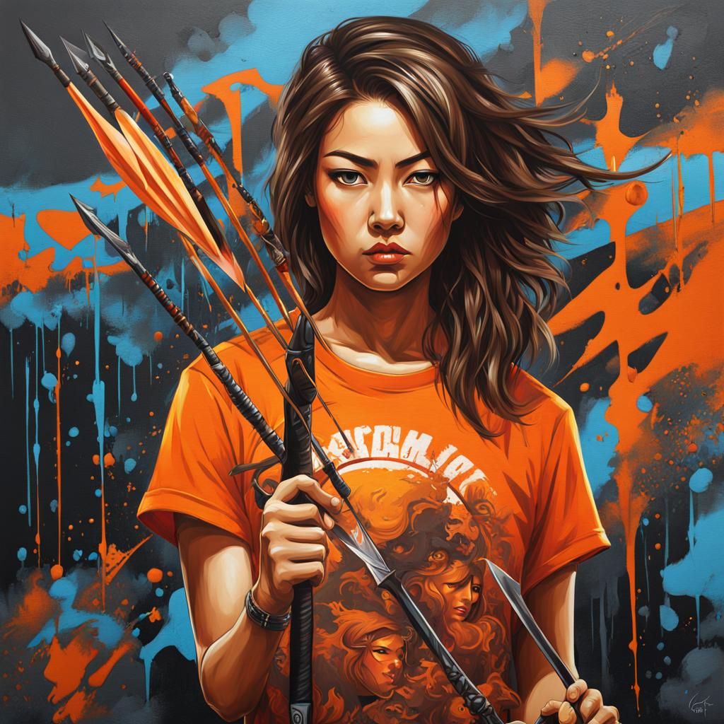 Asian Girl with Bow and Knives in Graffiti Art Style