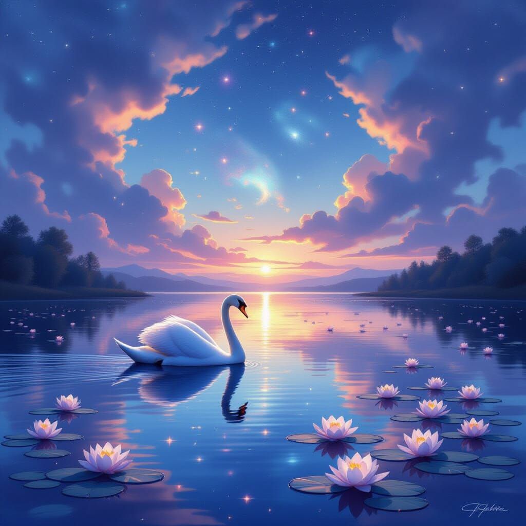 Swan on Iridescent Lake Under Cosmic Twilight Sky