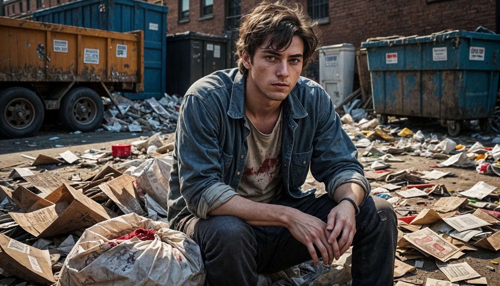 Young Man Overcome with Emotion Behind a Dumpster