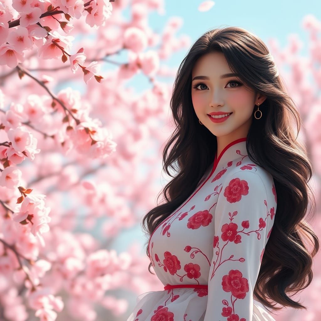 Elegant Asian Woman in Cherry Blossom Garden