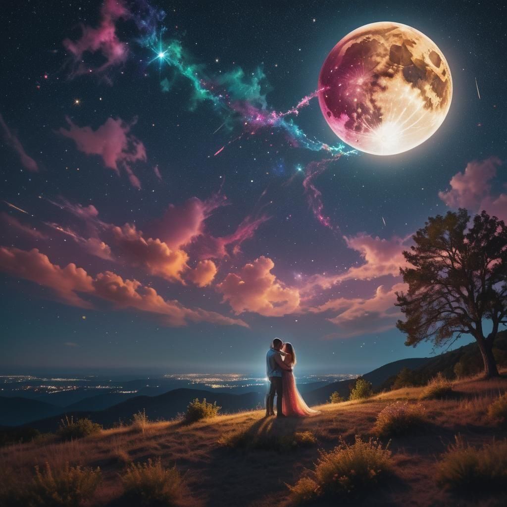 Romantic Couple Under Fireworks and Starry Sky
