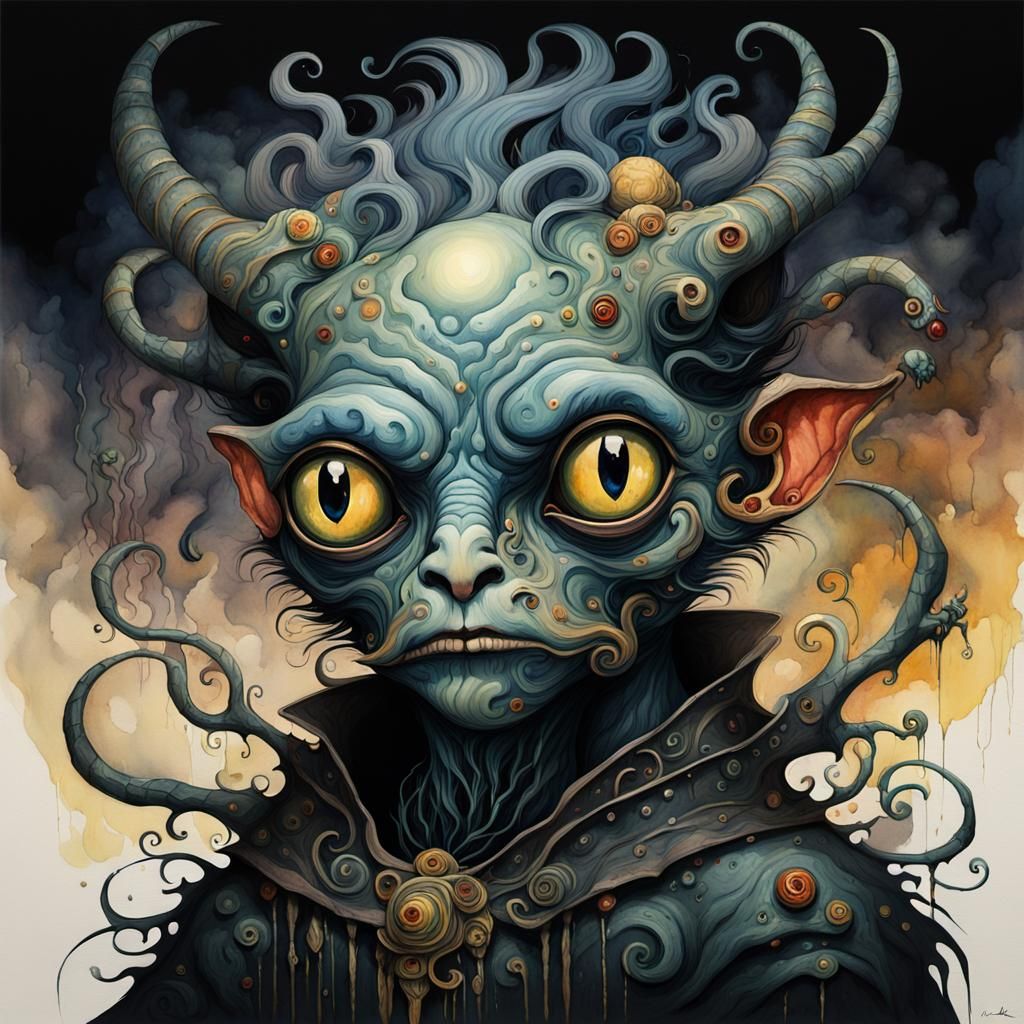 Dark Fantasy Creature Portrait in Watercolor Gouache Style