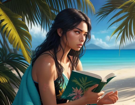 Young Woman Reading on a Beach, Hyperrealistic Oil Painting