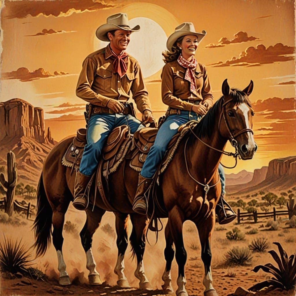Roy Rogers & Dale Evans Riding Horses at Sunset