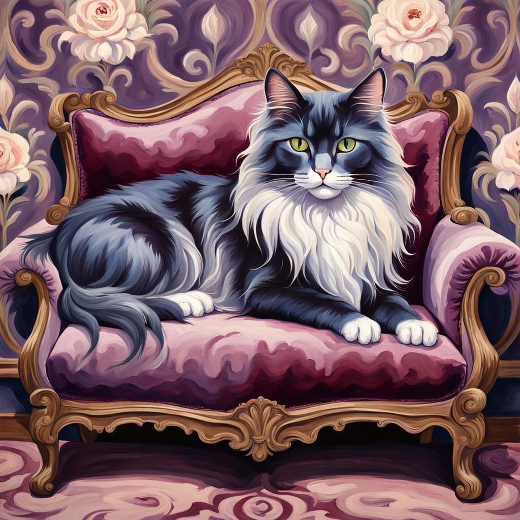 Gothic Cat on Velvet Sofa in Gouache Style