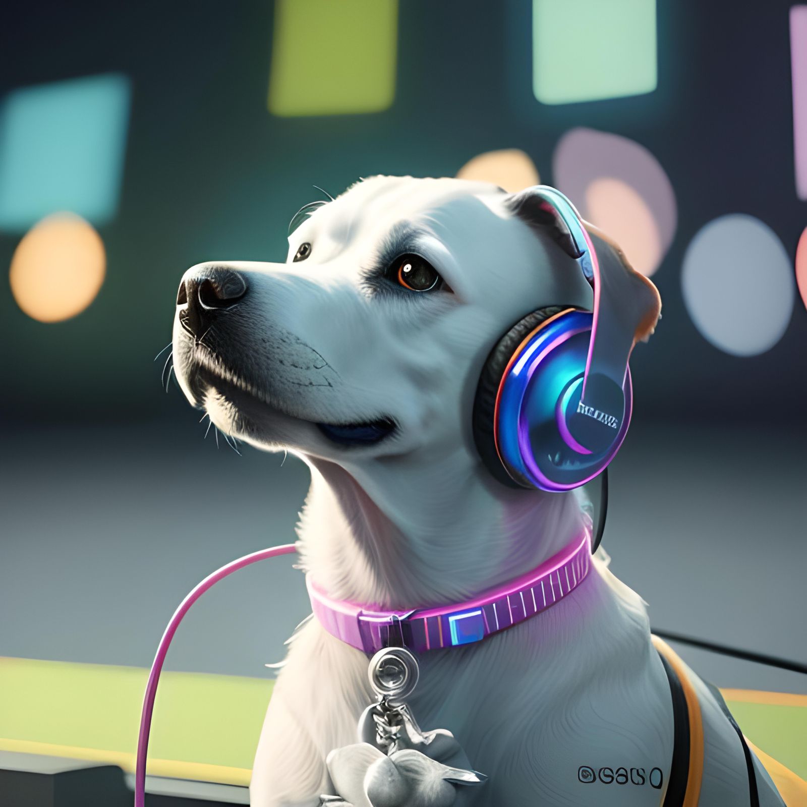 Dog Listening to Music: Cosmic Holographic Illustration
