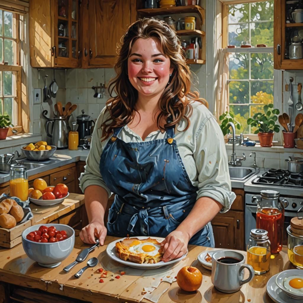 Chubby Girl Smiling and Fixing Breakfast: Oil Painting