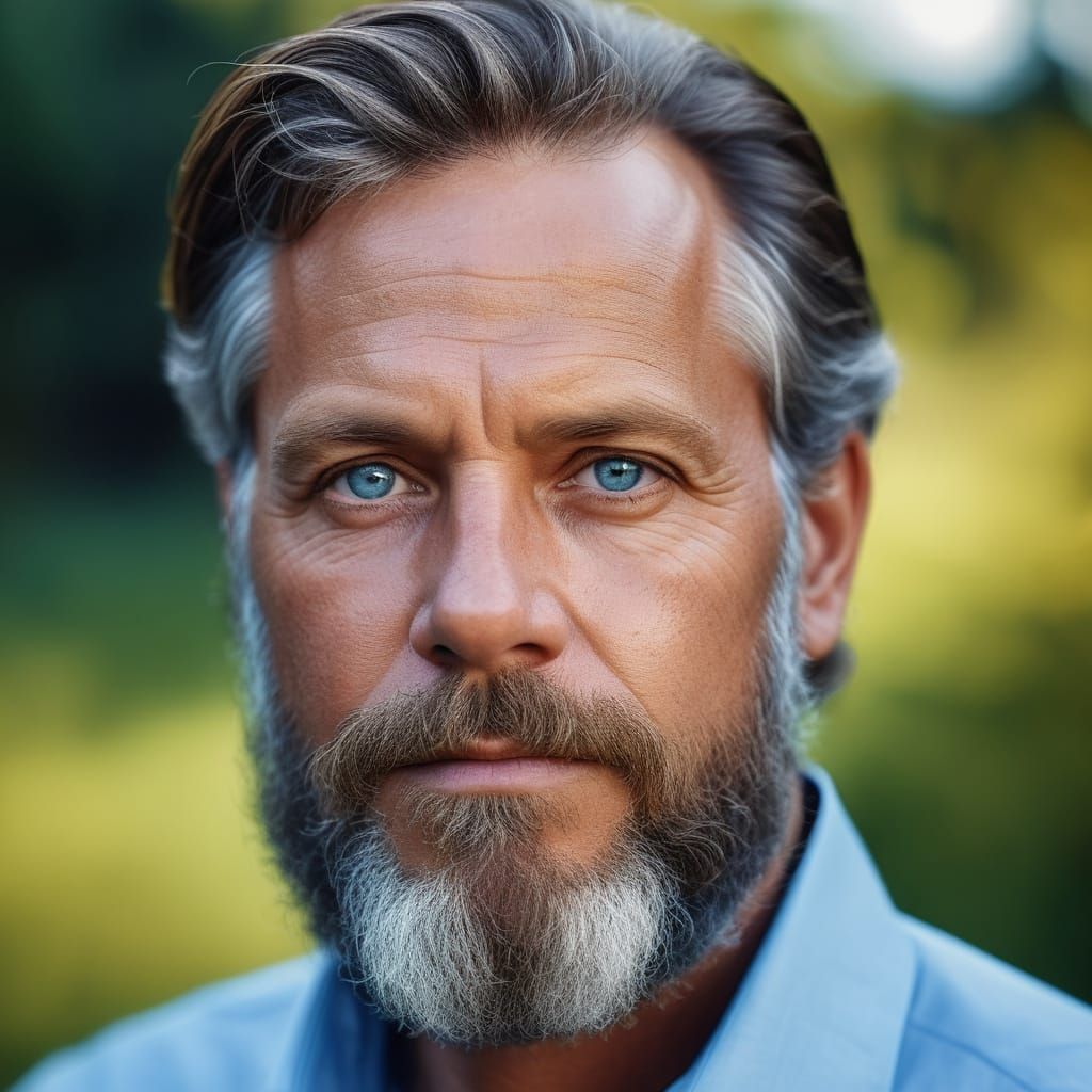 Hyper-Realistic Portrait of a Bearded Man in a Sky Blue Shir...