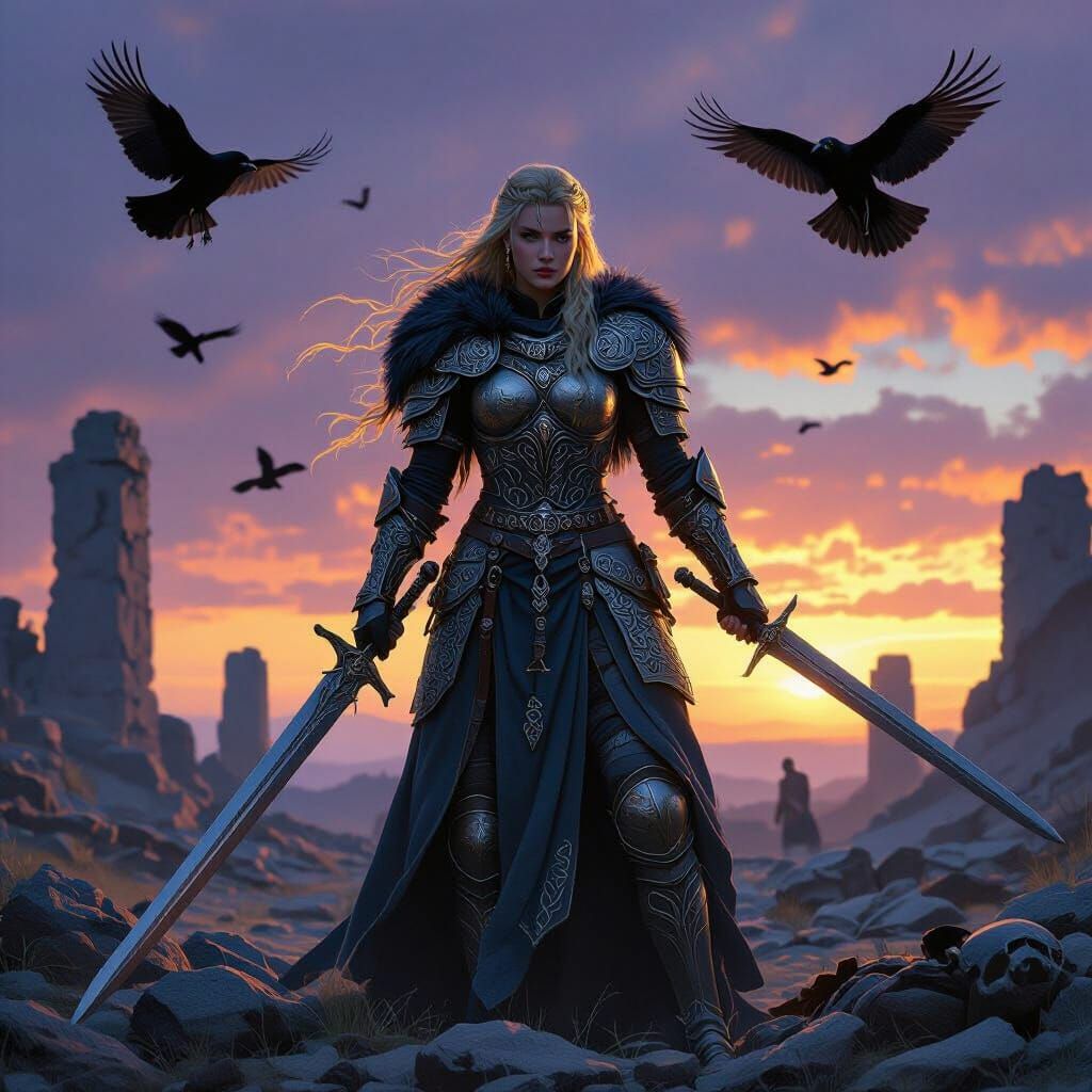 Freyja on Battlefield at Dusk in Epic Fantasy Realism