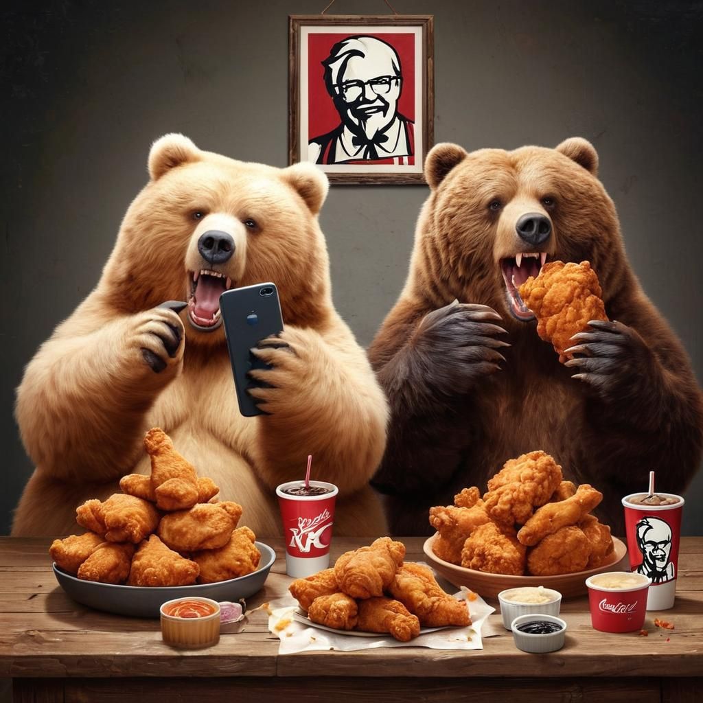 Surreal Bears Enjoy Fried Chicken Feast in a Humorous Photor...