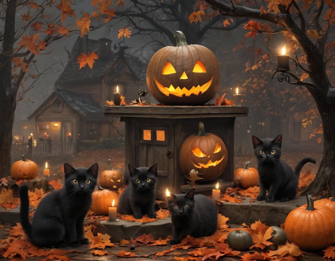 Black Kittens Carving a Jack-o'-Lantern on Halloween