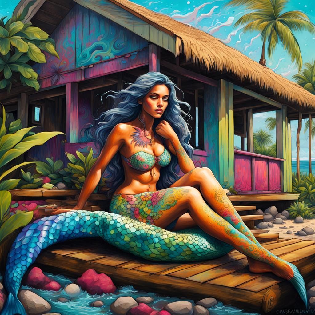Polynesian Mermaid Relaxing in Graffiti Art Style