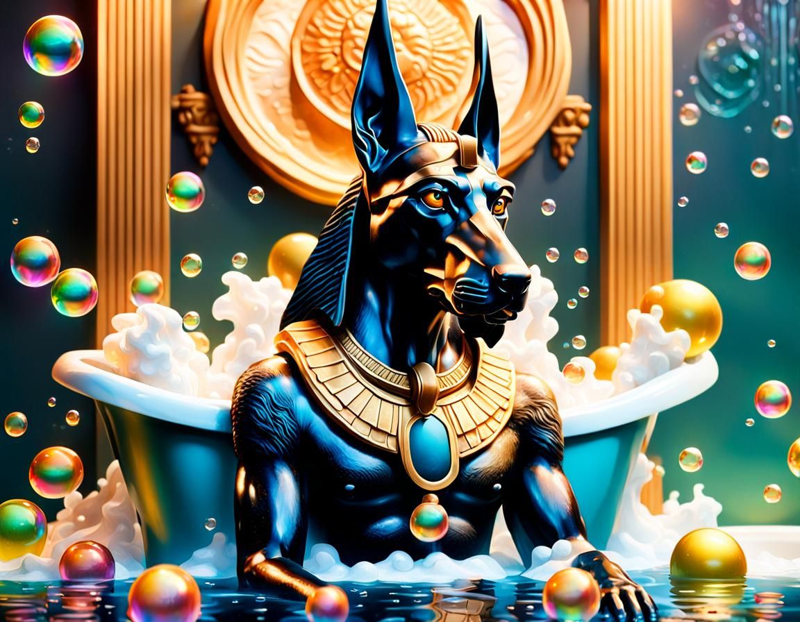 Anubis Statue Soaking in Bubble Bath: Splash Art