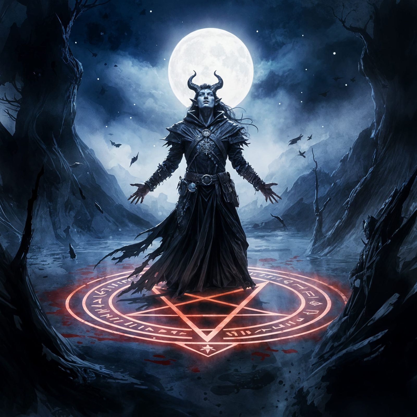 Tiefling Warlock Evokes Fey Creature in Ink Drawing Style