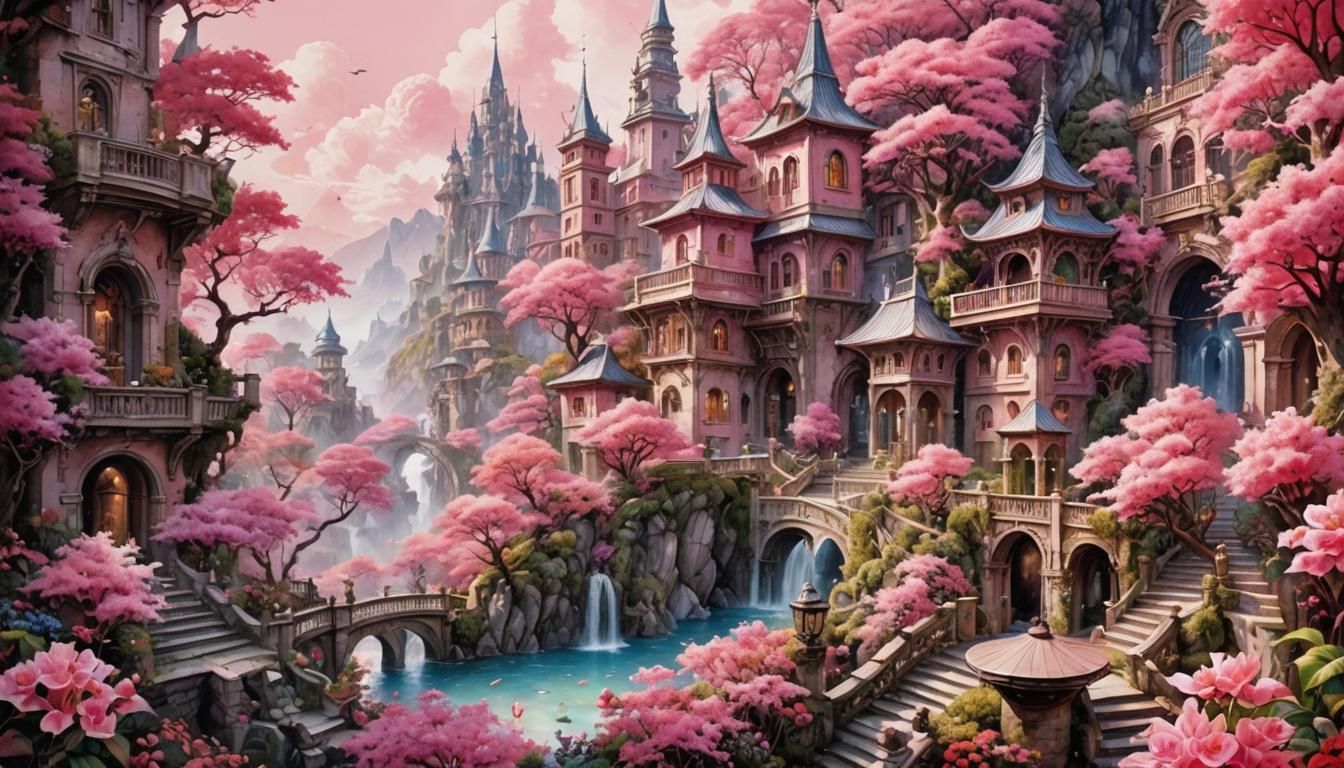 Pink Fantasy World in Romantic Watercolor Style