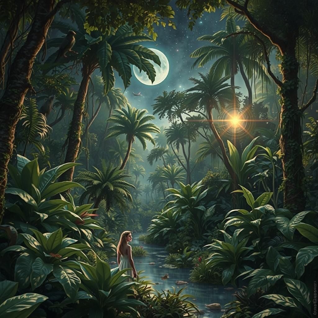 Ethereal Jungle Scene with Exotic Wildlife