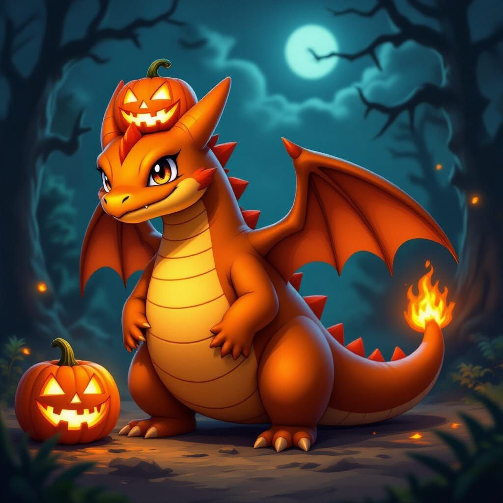 Fiery Charizard with Jack-o'-Lanterns in Digital Art Style