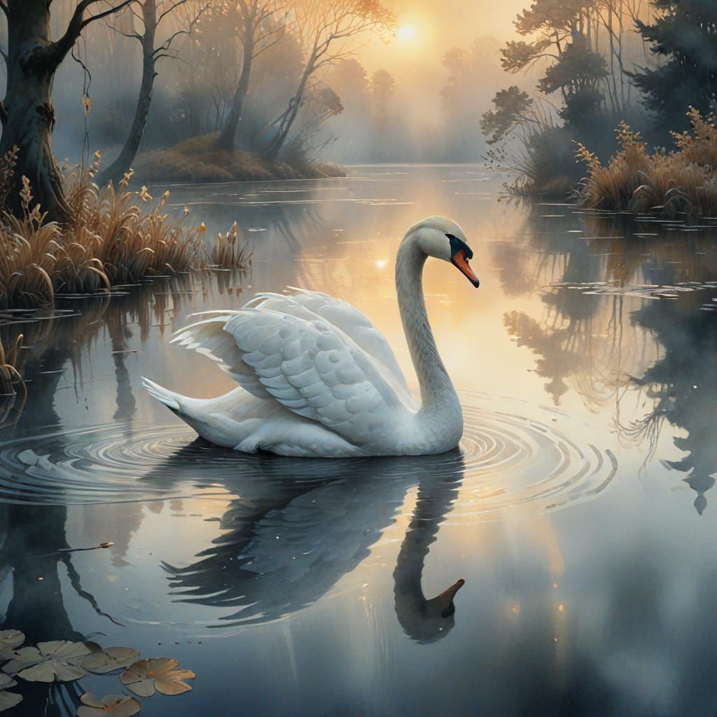 Swan on Misty Lake in Watercolor Wet-on-Wet Style