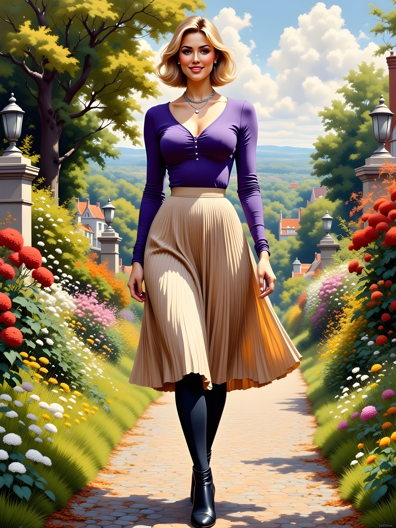 Elegant Woman in English Landscape, Ornate Painting