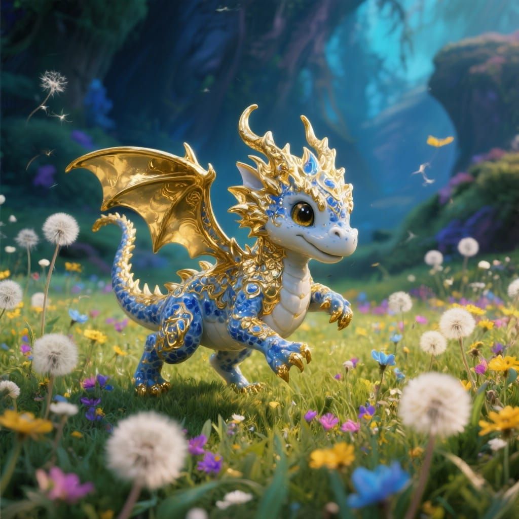 Golden Blue Porcelain Baby Dragon in Dandelion Field