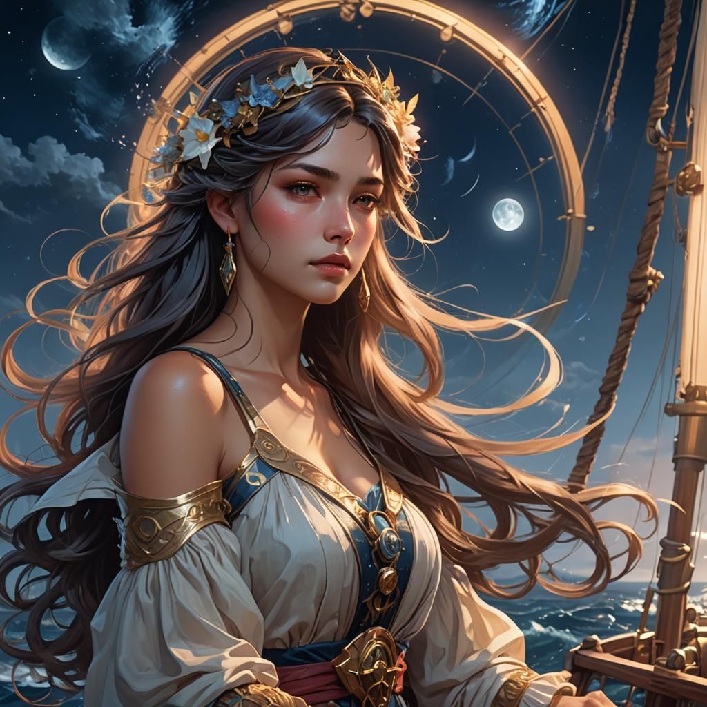 Moonlit Sailing Portrait in Digital Art Style