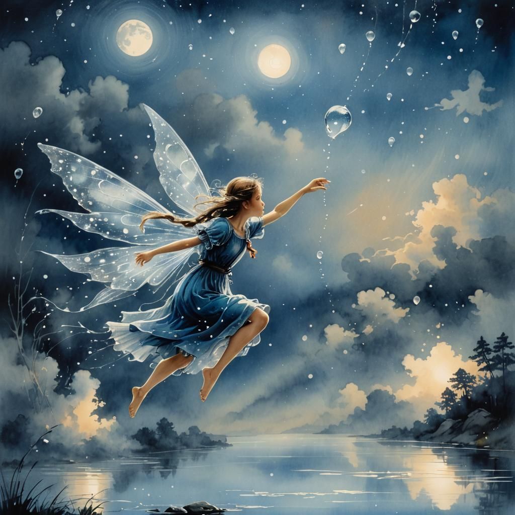 Fairy in Ink Painting with Sparkling Water Droplets