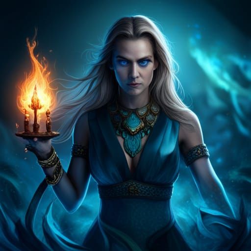 Furious Goddess with Blue Fire, Fantasy Art