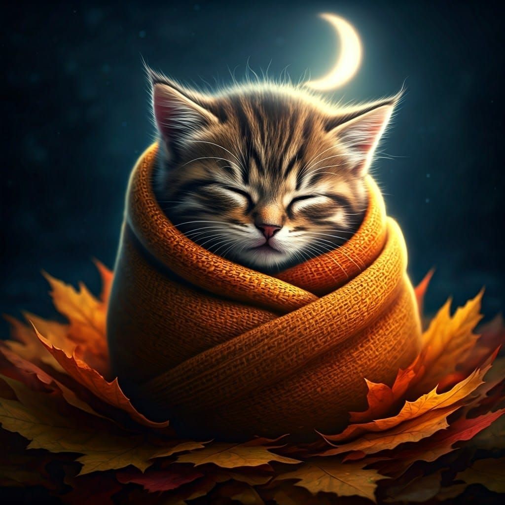 Sleeping Kitten in Autumn Leaves, Dreamy Nocturnal Scene