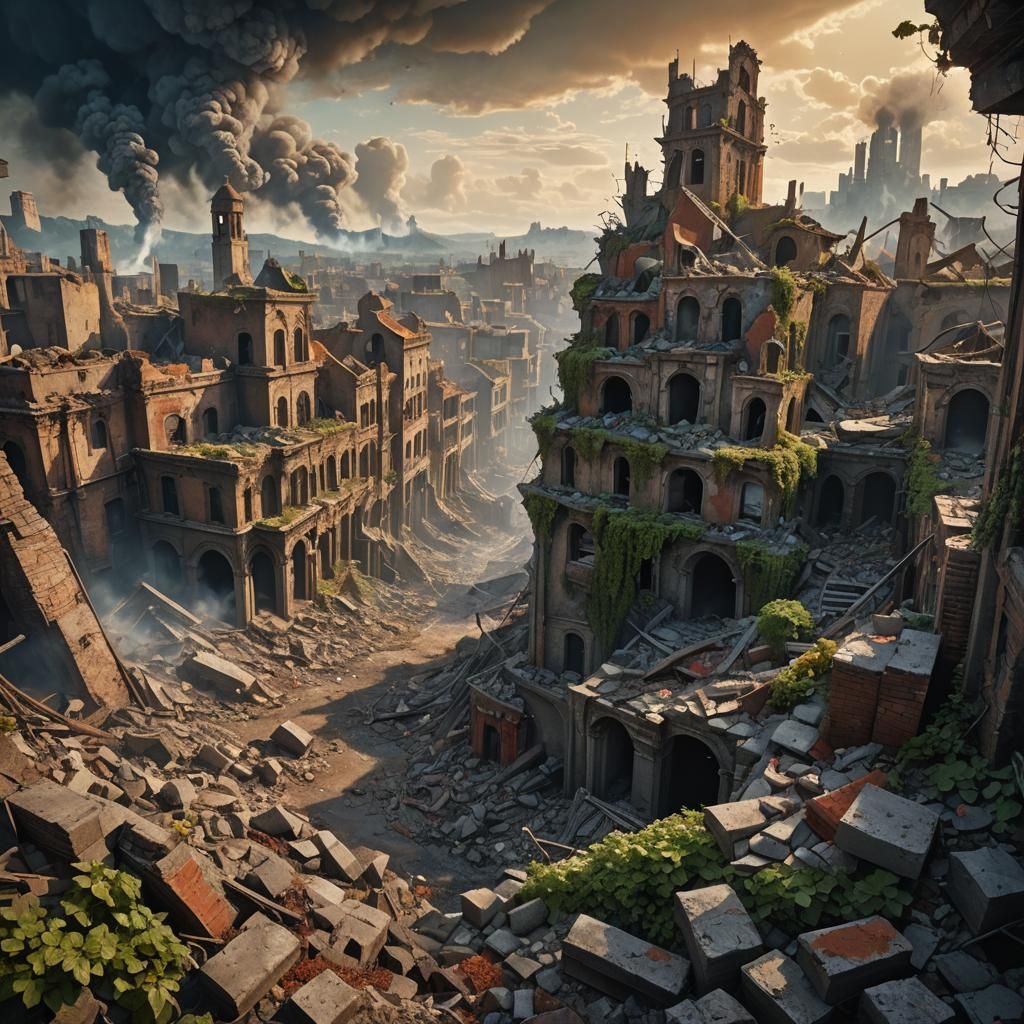 Post-Apocalyptic Cityscape with Rising Smoke: Matte Painting