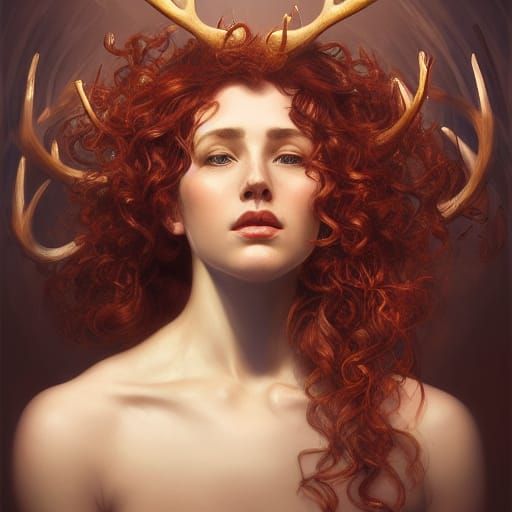 Antlered Woman Praying to Starry Sky in Art Nouveau Style