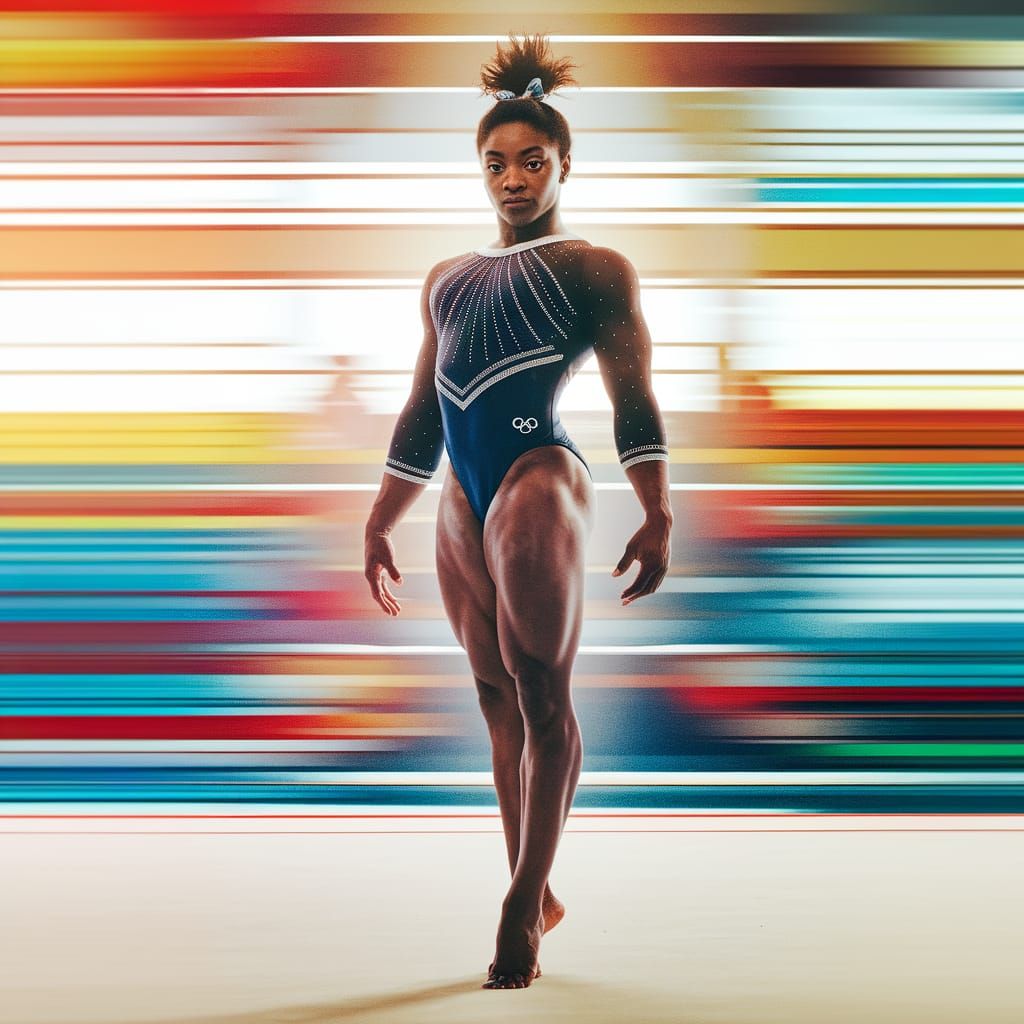 Simone Biles: Golden Acrobat in Cinematic Style