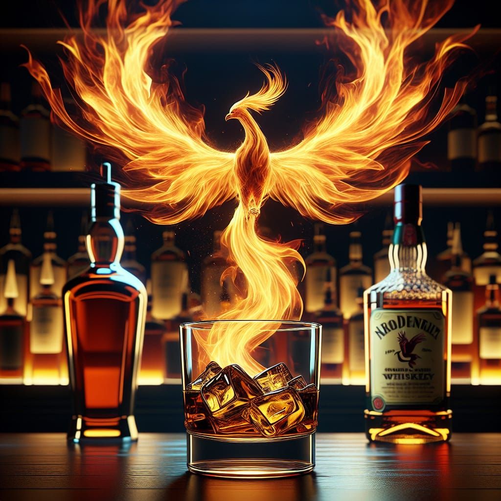 Whiskey Phoenix: Hyperrealistic Digital Bar Scene