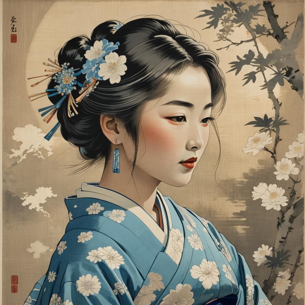 Japanese Woman in Ukiyo-e Woodblock Print Style