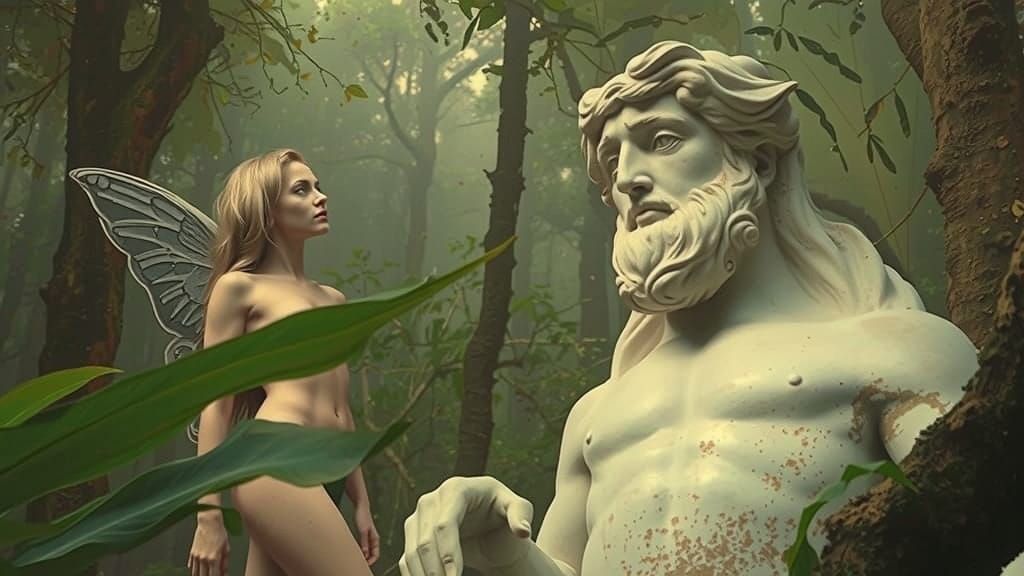 Blonde Fairy Woman and Marble Statue in Sun-Dappled Forest