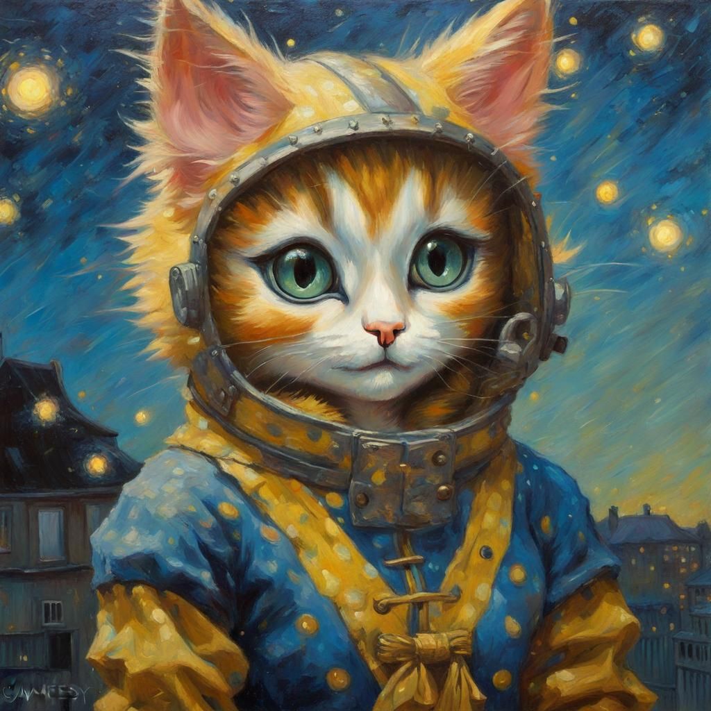 Winged Cat-Girl in Van Gogh Style Oil Painting
