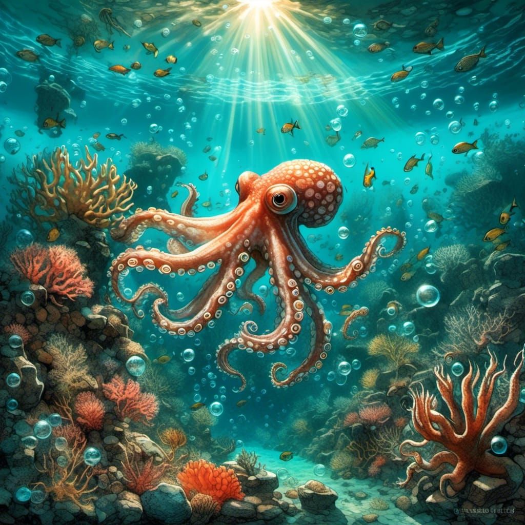 Octopus in Magical Coral Reef, Vintage Illustration