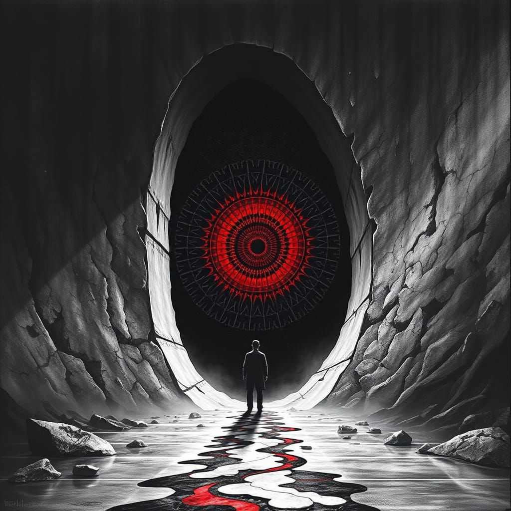 Surreal Figure Beckons to Abandon Hope in a Twisted, Otherwo...