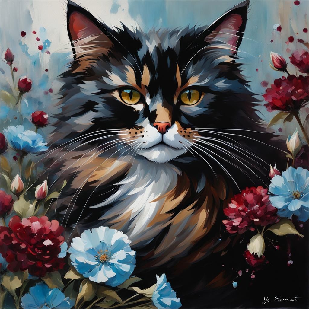 Tortoiseshell Cat Portrait Surrounded by Flowers, Oil Painti...