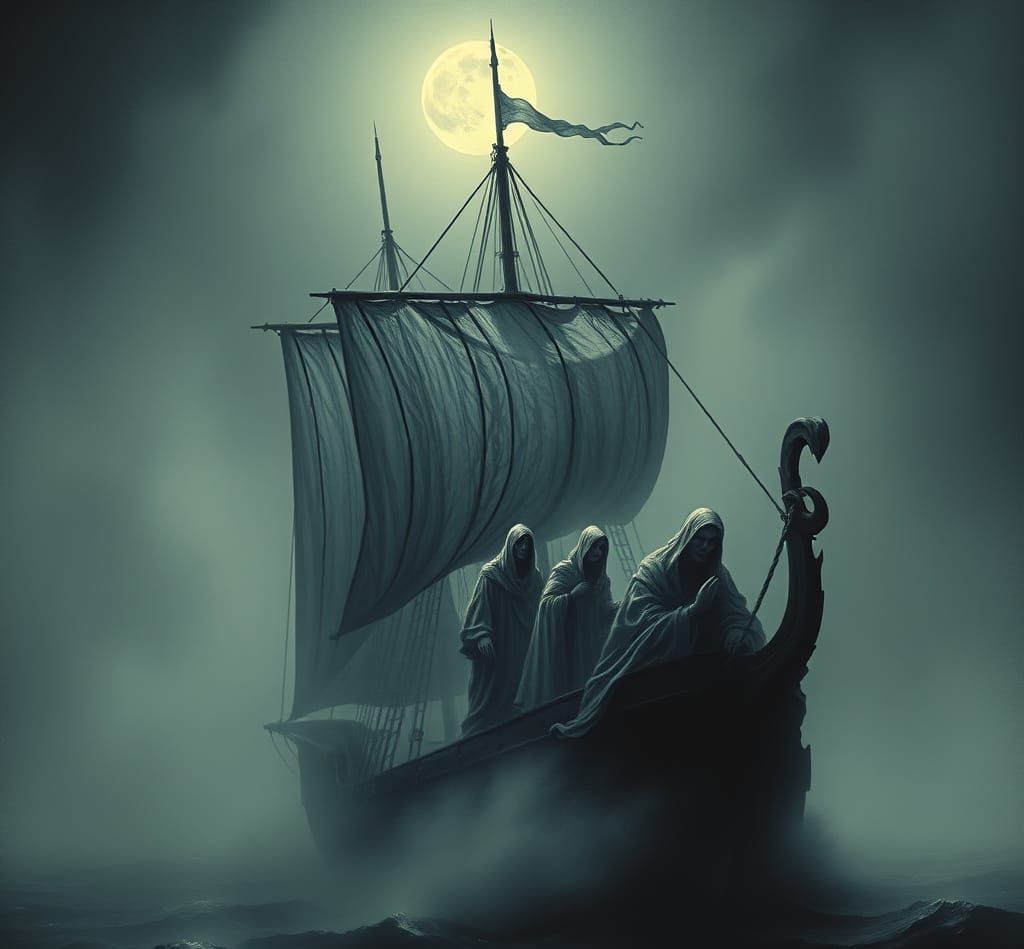 Ethereal Spectral Galleon Sailing a Mist-Shrouded Sea