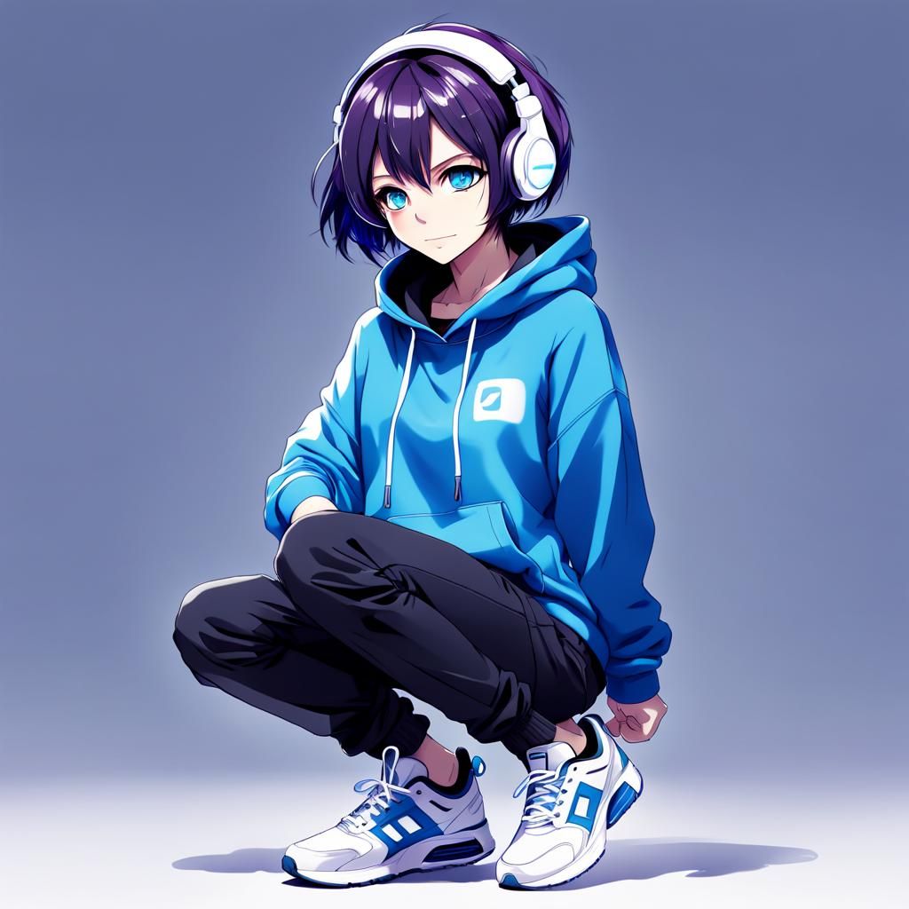 Anime Style Girl with Headphones and Hoodie