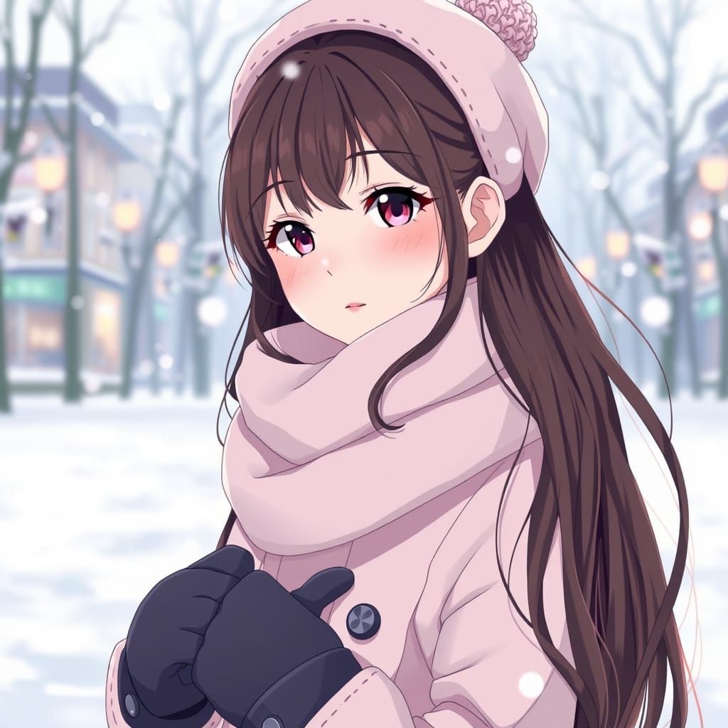 Asian Girl in Winter Wonderland, Anime-Inspired Masterpiece