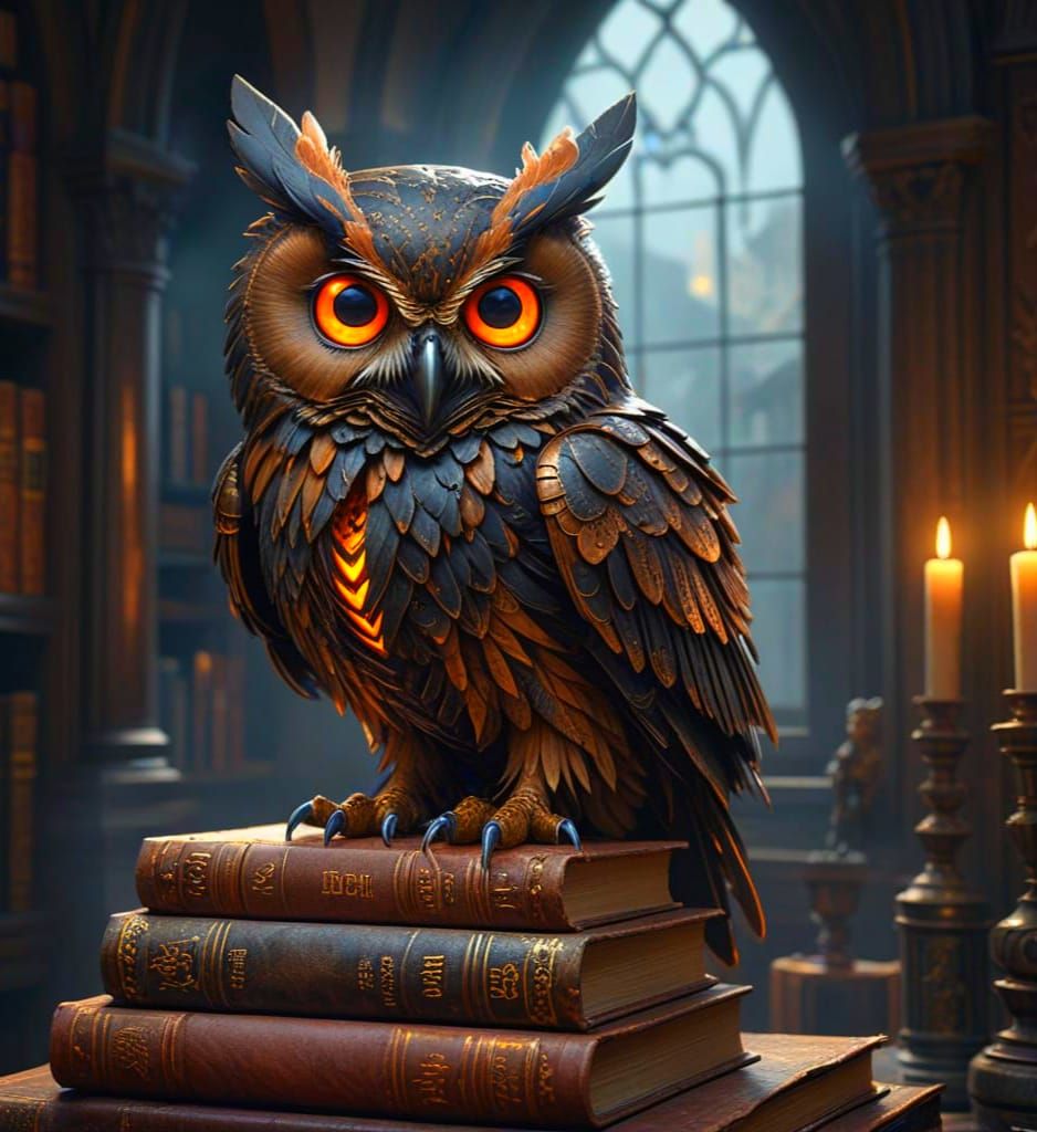 Mechanical Owl Guardian of Ancient Books