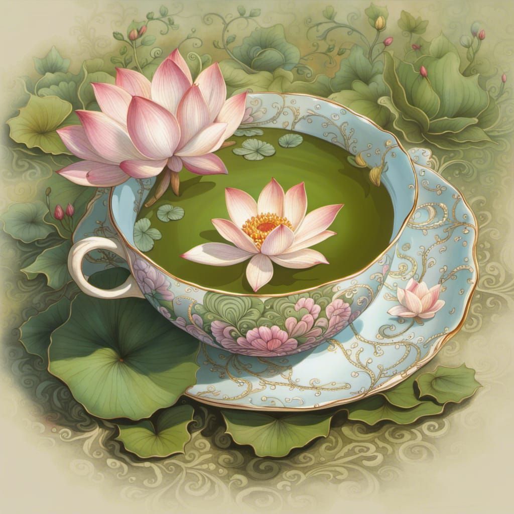 Lotus Flower in Teacup, Cottagecore Landscape