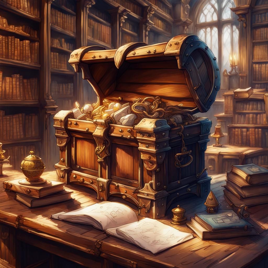 Treasure Chest in Library: Detailed Watercolor Painting