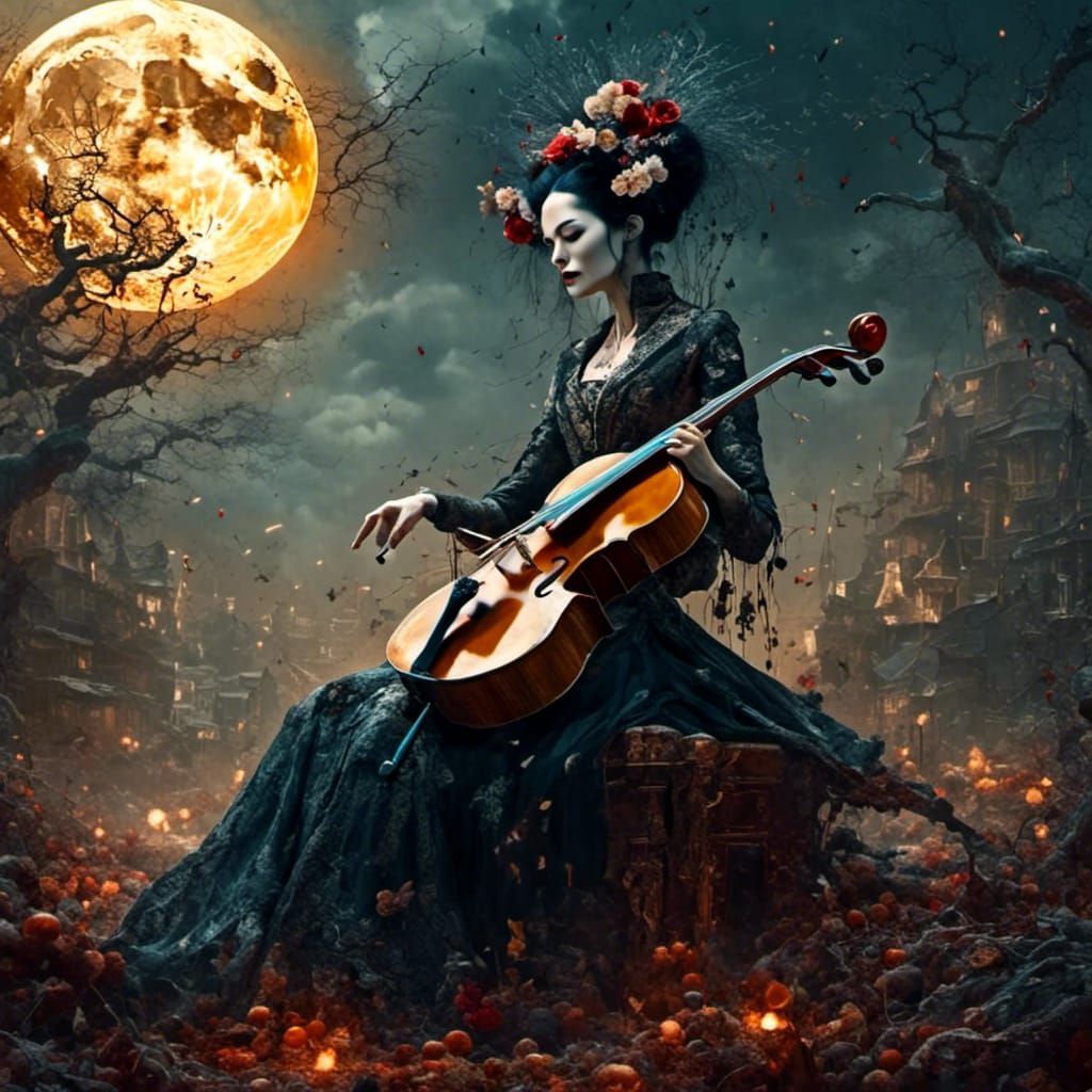 Morticia Addams Cello Performance Under Blood Moon