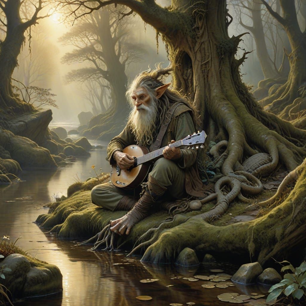 Mystical Troll Serenades the Forest with Worn Banjo