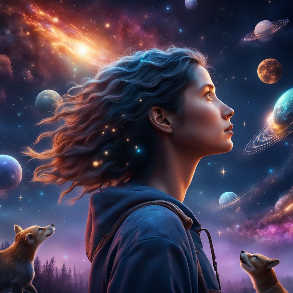 Woman Gazing at Galaxy Animals in Night Sky