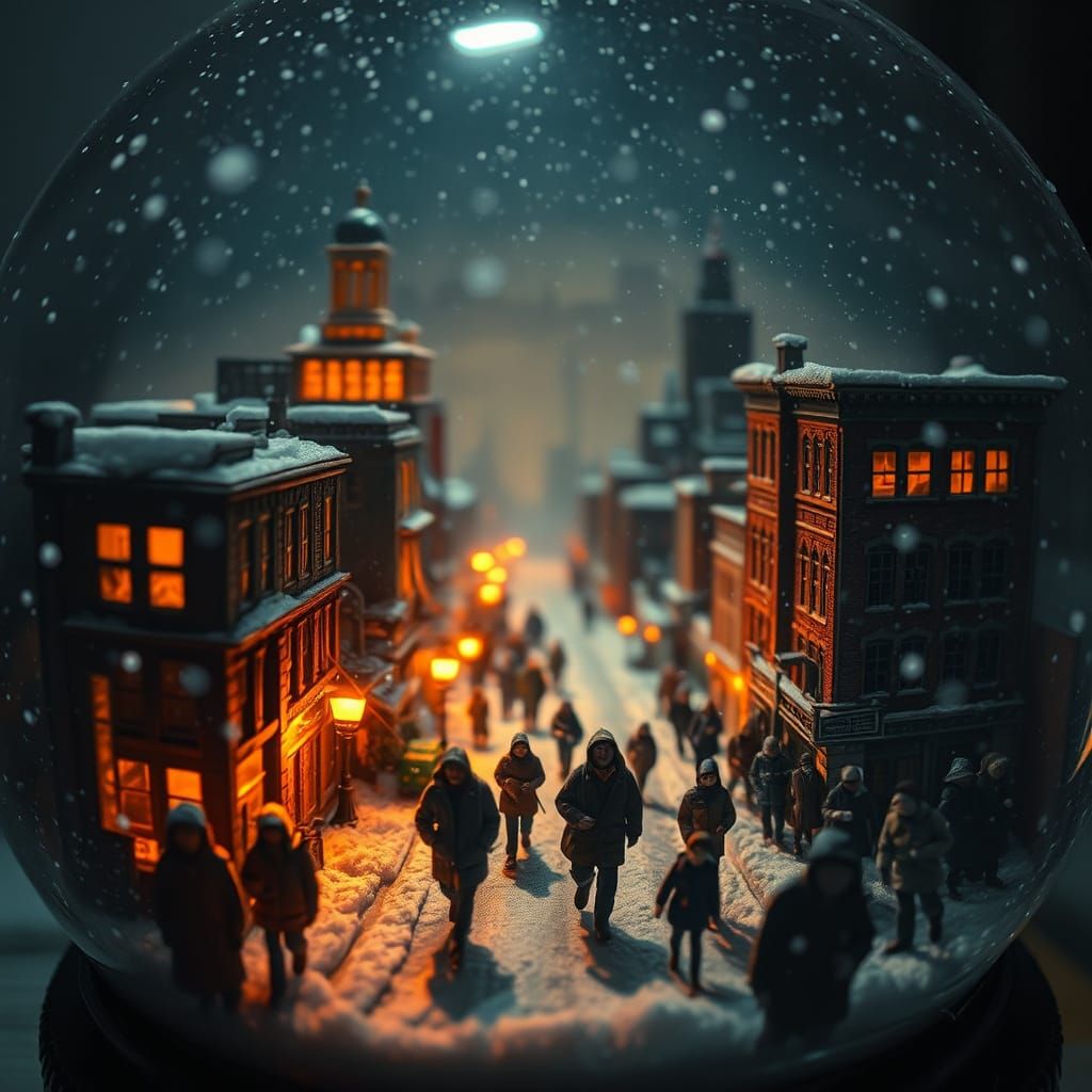 Whimsical Cityscape at Night, Illuminated by Warm Orange Str...