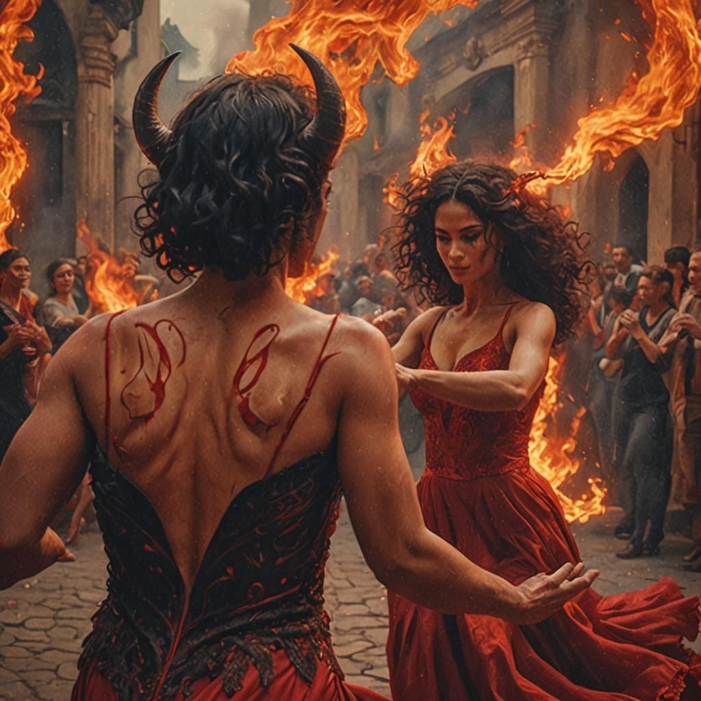 Devil Mesmerized by Dancer in Flames: Hyperrealistic Digital...